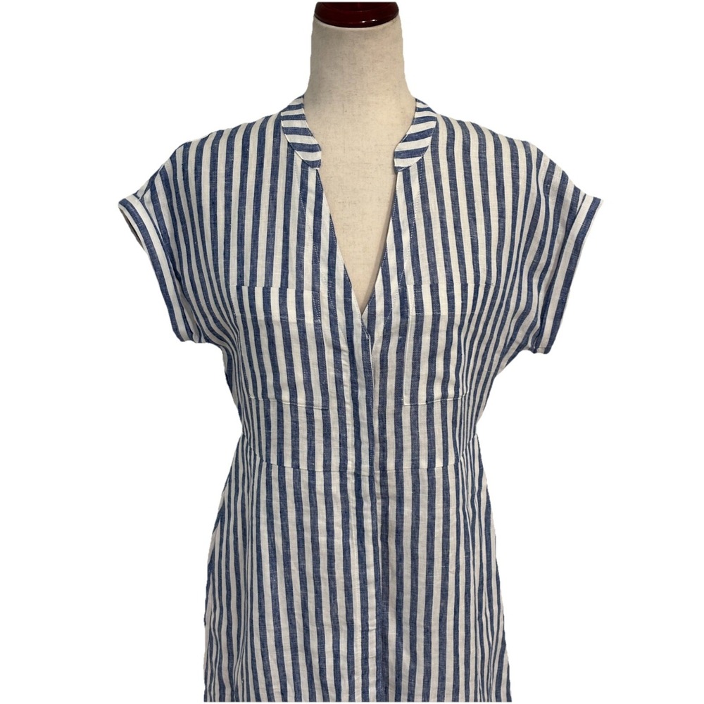 Boden Evie Blue White Striped Linen Short Sleeve Shirt Dress Pockets 6 P No Belt - Picture 5 of 11